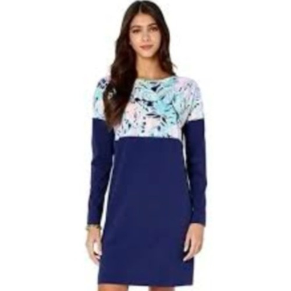 Lilly Pulitzer Medium Navy Finn Tee Shirt Dress Multi Bermudaful Long Sleeve